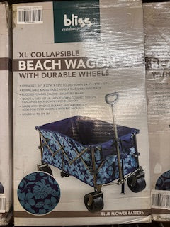 Bliss Collapsible Garden Cart/Beach Wagon w/ Storage Bag 36-in. x 22-in. Tool/Beverage Holders & Wheels | Waterproof | 175 Lb. Capacity BLUE
